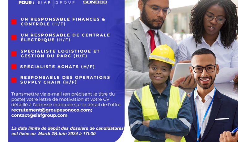 UN (01) RESPONSABLE FINANCES & CONTROLE (H/F) / UN (01) RESPONSABLE DE CENTRALE ELECTRIQUE (H/F) / UN (01) SPECIALISTE LOGISTIQUE ET GESTION DU PARC (H/F) / UN (01) SPECIALISTE ACHATS (H/F) / UN (01) RESPONSABLE DES OPERATIONS SUPPLY CHAIN (H/F)